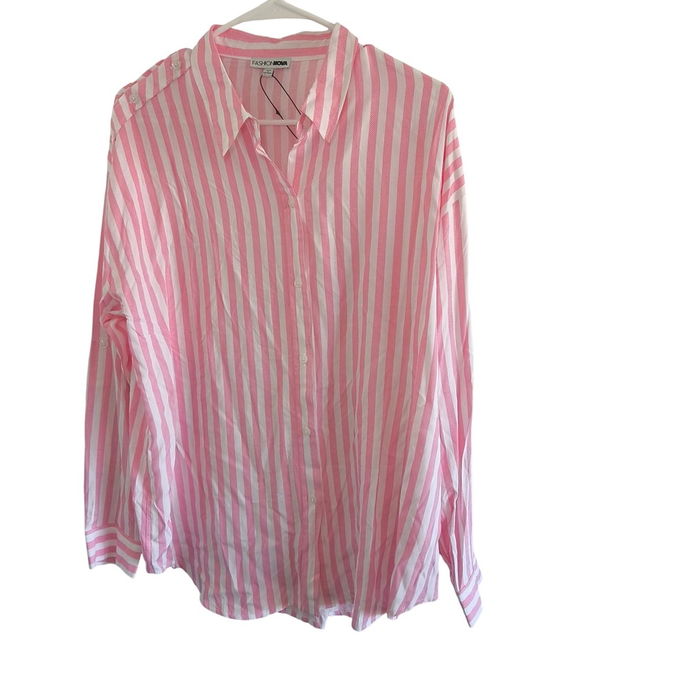 Fashion Nova Pink White Stripe Button Down Long Sleeve Shirt Top Women